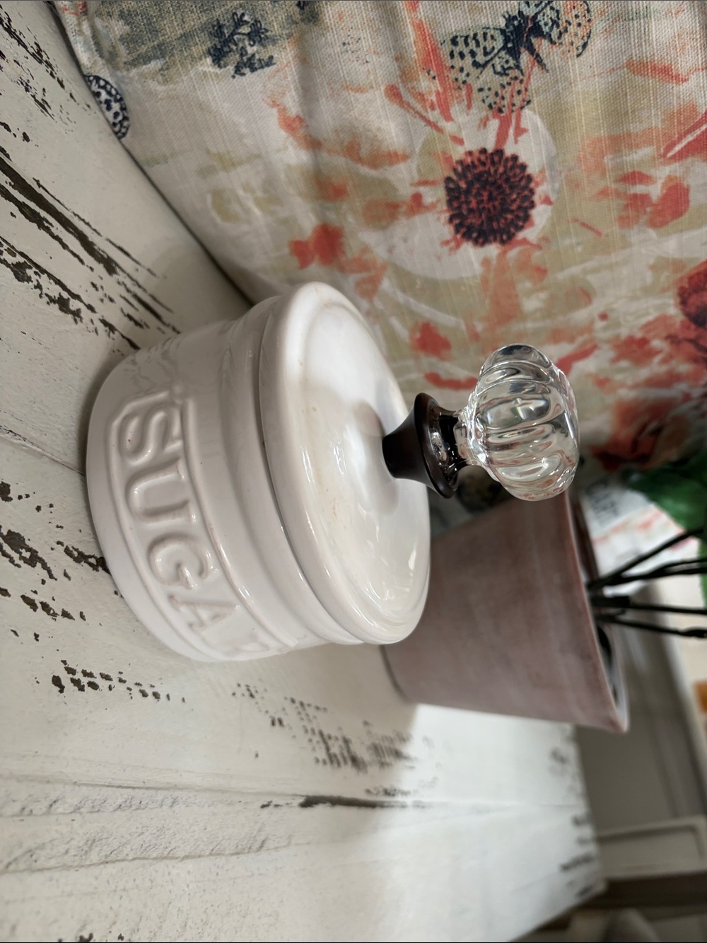 White Ceramic Sugar Jar with Glass Knob Lid